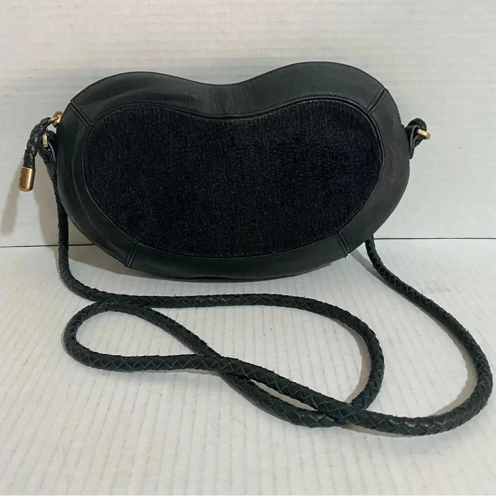 Halston heritage black leather/shearing crossbody handbag